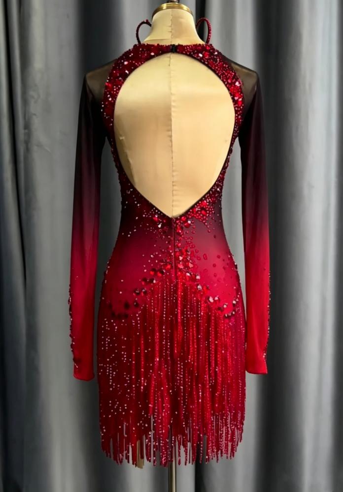 Custom Black & Red Latin Dance Dress Rhinestone Fringe Salsa Competition Gown