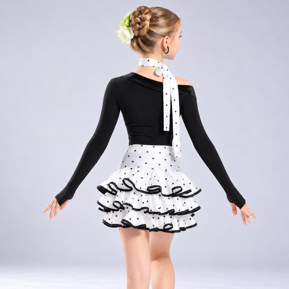Girls Black & White Polka Dot Latin Dance Dress | Kids Ballroom Costume