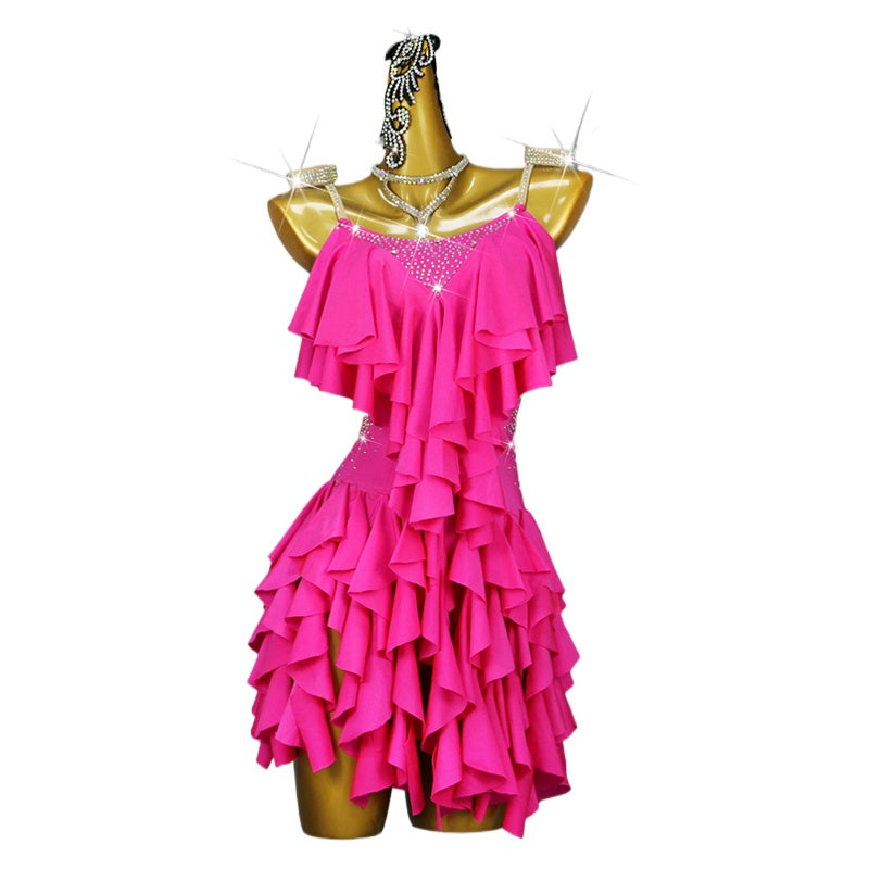 Hot Pink Ruffles Competition Latin Dance Dresses for Women Girls Salsa Rumba Chacha Performs Costume