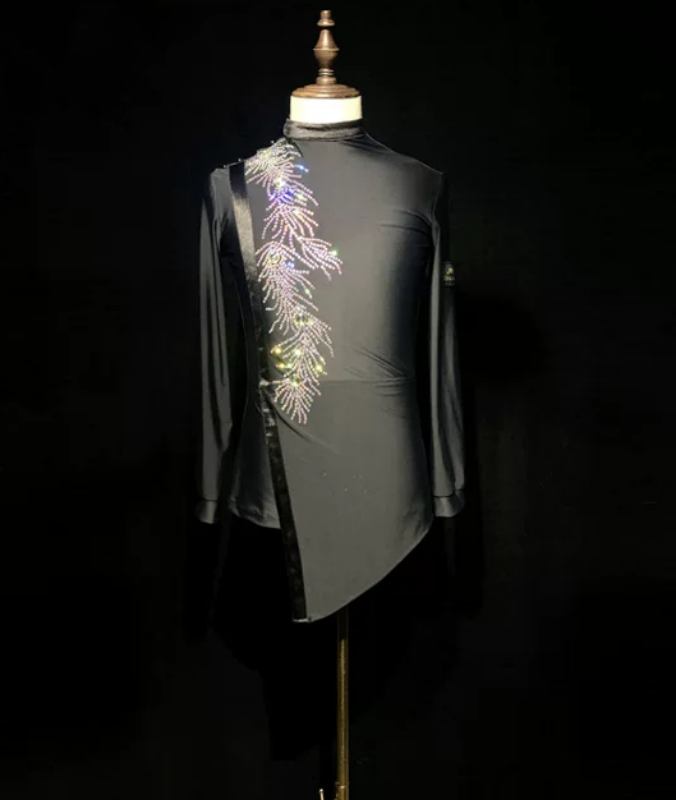 Custom Men Youth Latin Dance Shirt  Crystal Feather Performance Tops