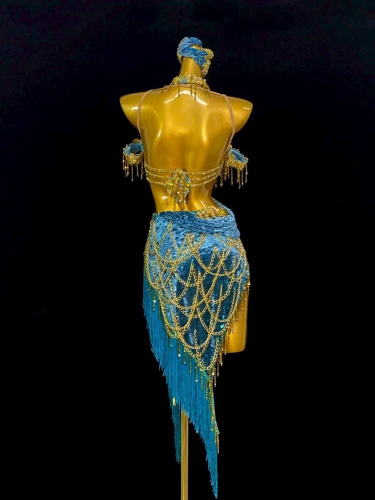 Custom Size Turquoise Competition Women Latin Dance Dresses Salsa Rumba Chacha Dance Costumes Irregular Skirts
