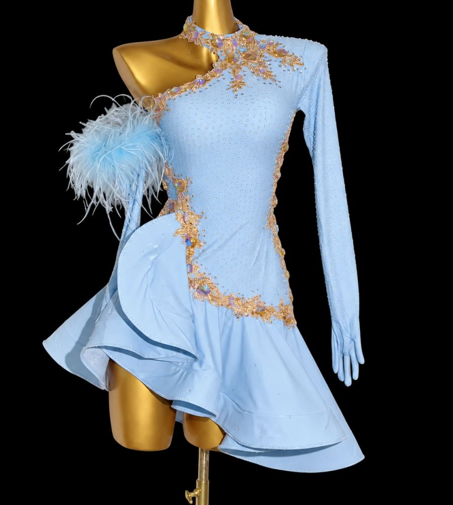 Custom Blue Latin Dance Competition Dress | Rhinestone with Feather Asymmetric Salsa Dance Costume