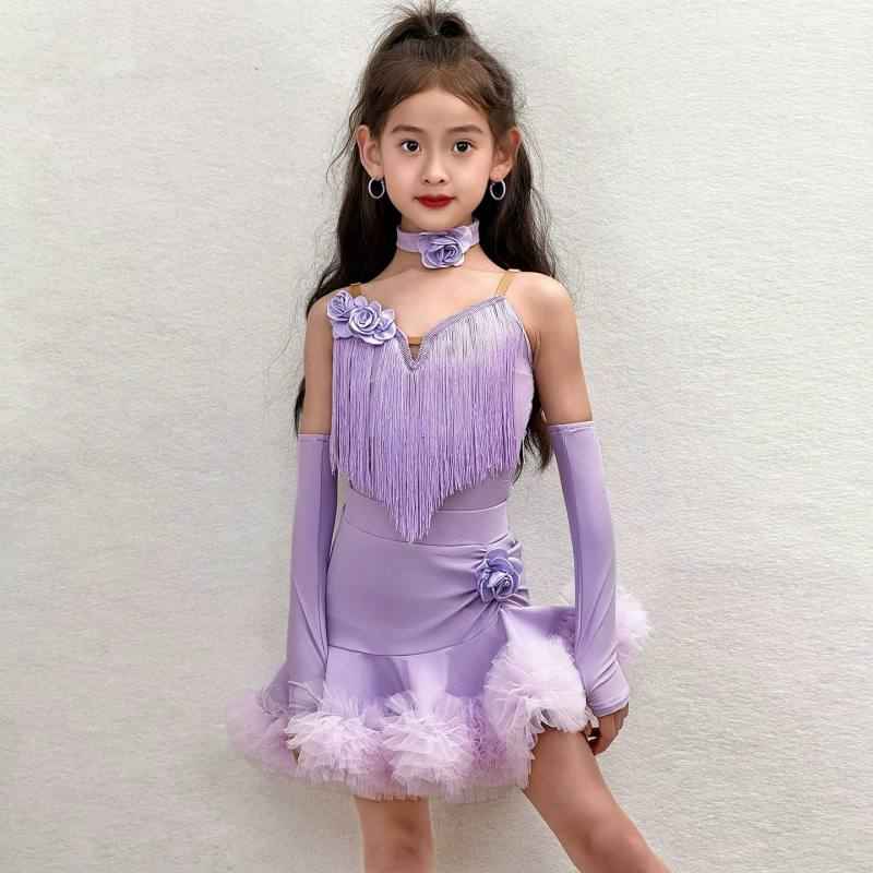 Girls Pink Lavender Latin Dance Dress Fringe 3d Rose Flower Salsa Chacha Dance Costume for Kids