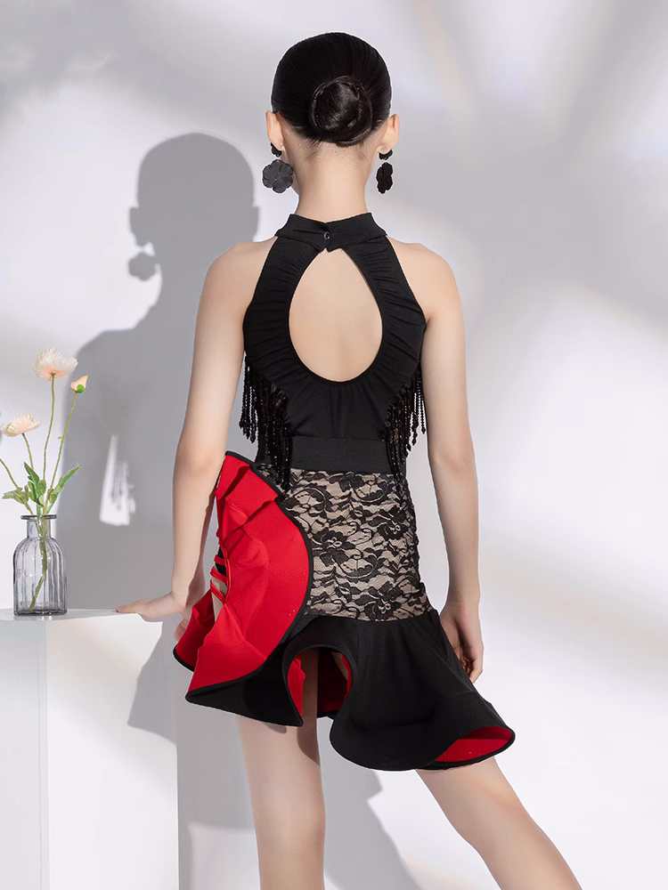 Black Red Lace Sleeveless Tassel Latin Dance Dresses for Kids Children Salsa Chacha Rumba Latin Dance Costumes for Girls - Moderndancedress.com