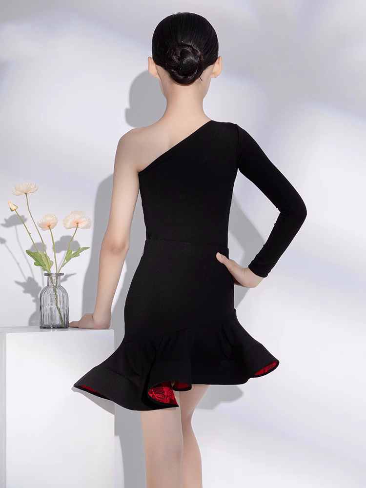 Black Red Lace One Shoulder Latin Dance Dresses for Girls Kids Slant Neck Long Sleeves Salsa Rumba Chacha Professional Clothes - Moderndancedress.com