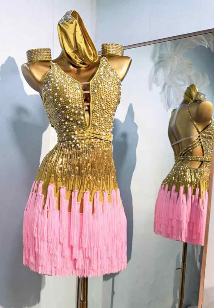 Custom Size Gold Fringe Latin Dance Dress Backless Salsa Latin Performance Clothing