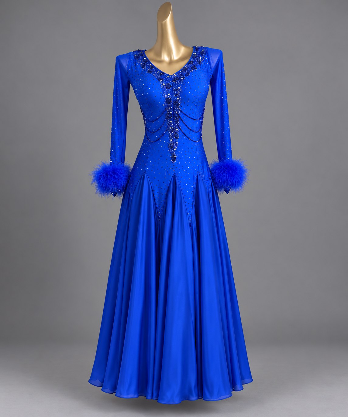 Custom Royal Blue American Smooth Ballroom Dance Dress with Feather Cuffs Satin Skirt