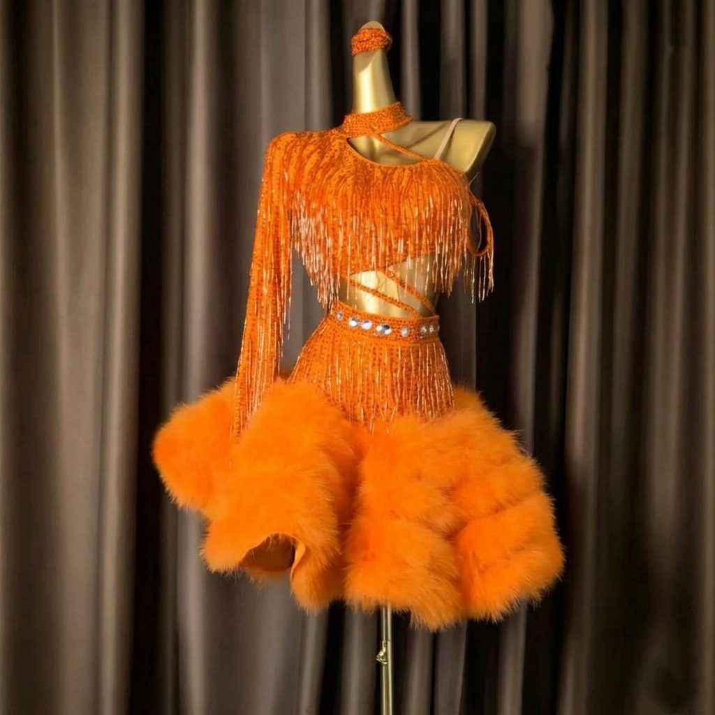 Custom Size Custom Pink & Orange Latin Dance Dress with Feathers Crystals Rhythm Dance Costume