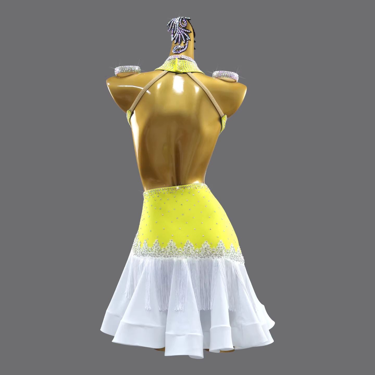 Custom Size Yellow Latin Dance Dress Inclined Fringe Hem Salsa Chacha Performance Clothes