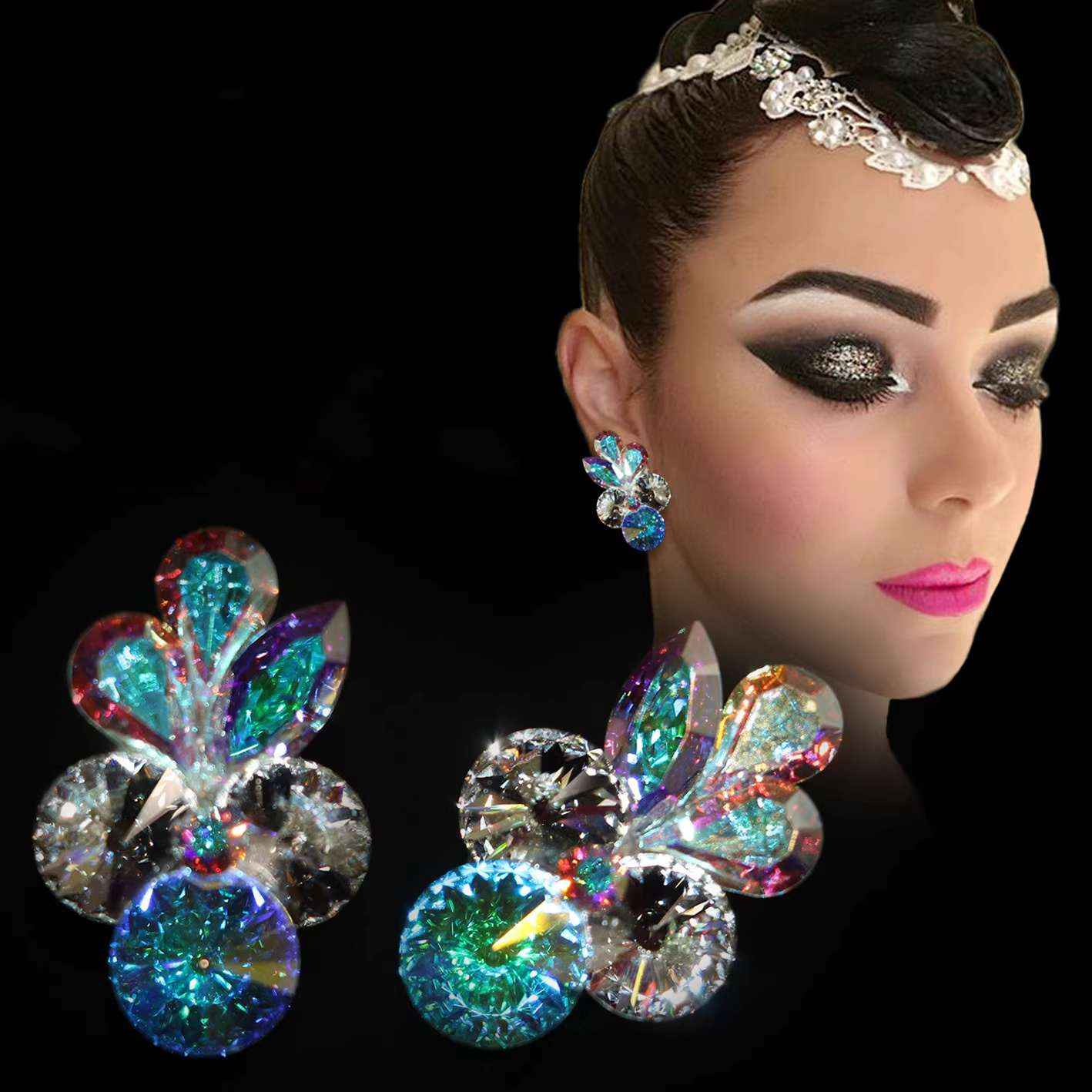 Competition Latin Ballroom Rhinestones Dance Earrings for Women Diamond Turquoise Dance Ear Accessories