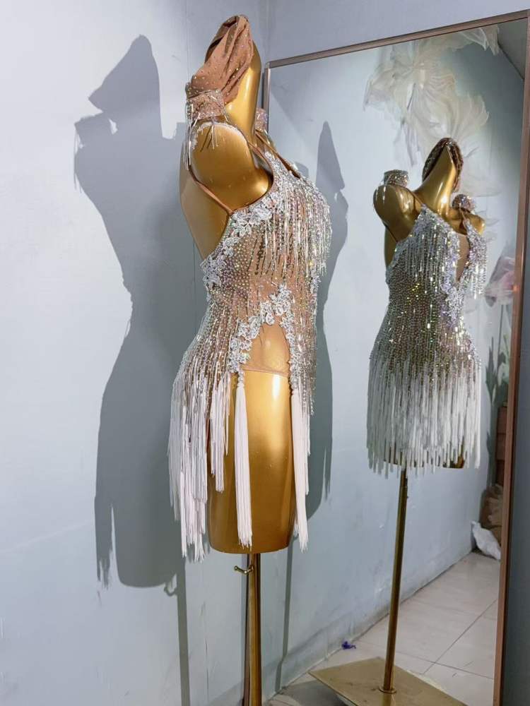 Custom Size White Fringe Competition Latin Dance Dresses for Women Salsa Rumba Chacha Latin Dance Costumes
