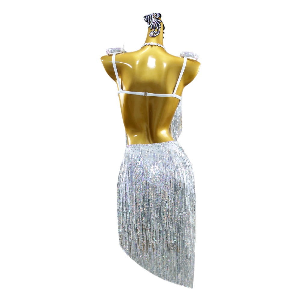 Silver Sequin Glitter Latin Dance Dresses for Women Girls Salsa Rumba Chacha Blackpool Dancing Costumes - Moderndancedress.com