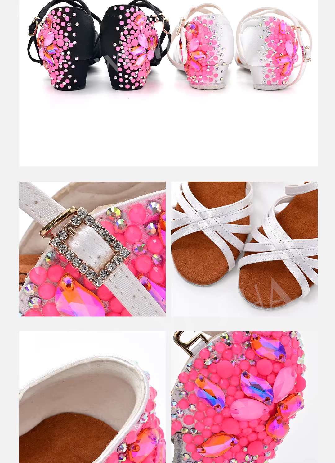 Girls Latin Dance Shoes Pink Crystal Flowers Soft Soles Salsa Ballroom Competition Shoes