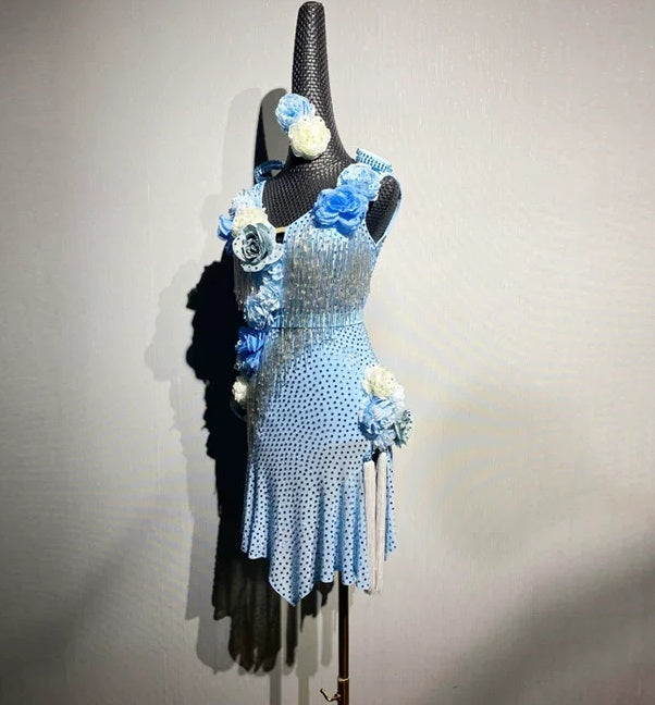 Custom Size Light Blue Latin Dance Dress with 3D Flowers Blackpool Competition Wear