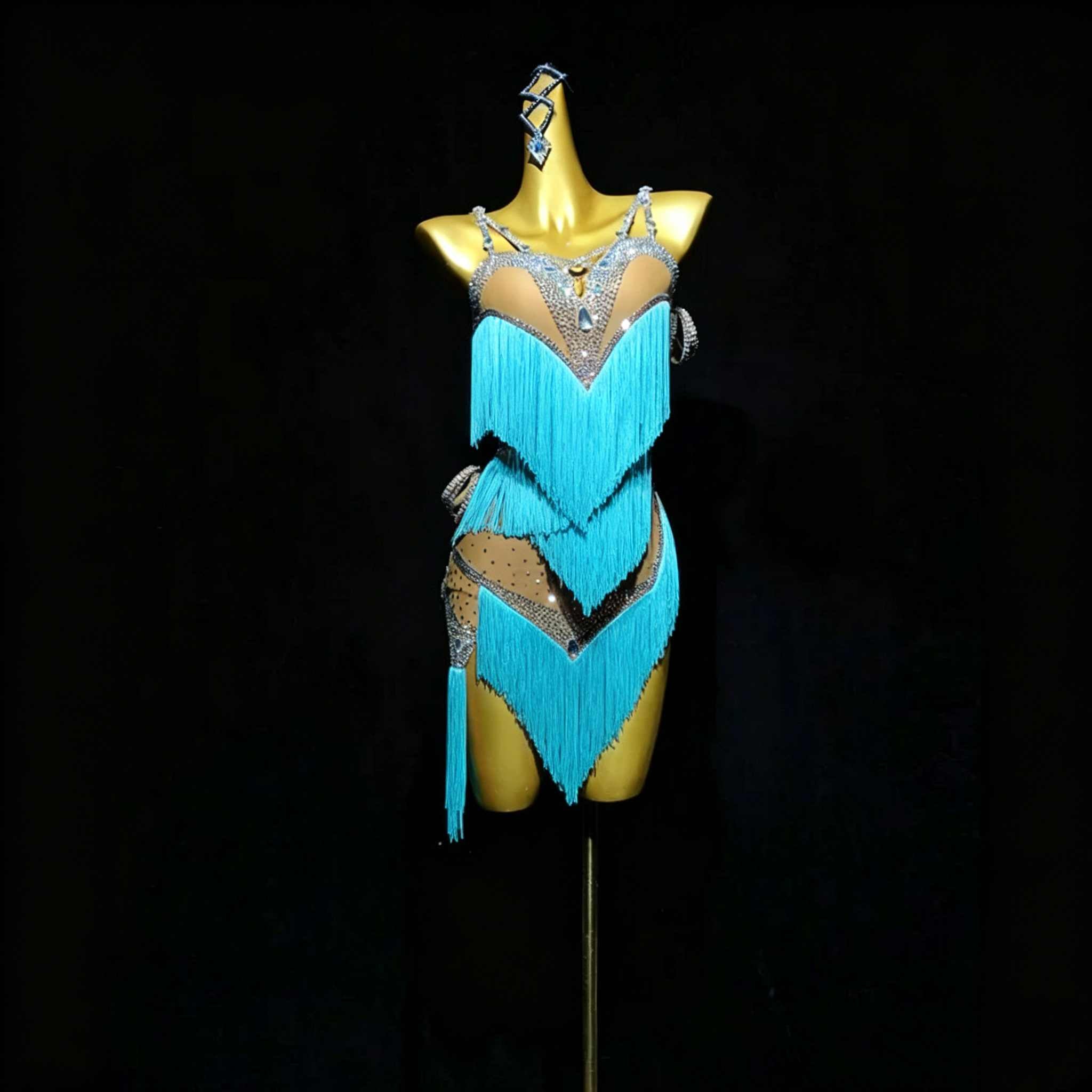 Custom Size Competition Latin Dance Dress for Women Fuchsia Green Blue Fringe Blackpool Dance Gown
