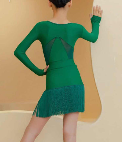 Dark Green Fringe Latin Dance Dresses for Kids Girls Children Salsa Rumba Chacha Competition Performance Outfits for Kids - Moderndancedress.com
