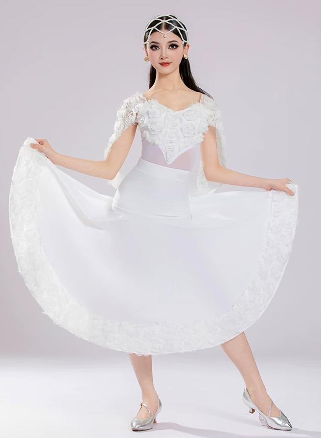Girls Ballroom Dance Dress 3D Rose Flowers Pink White Waltz Tango Stage Performance Gown