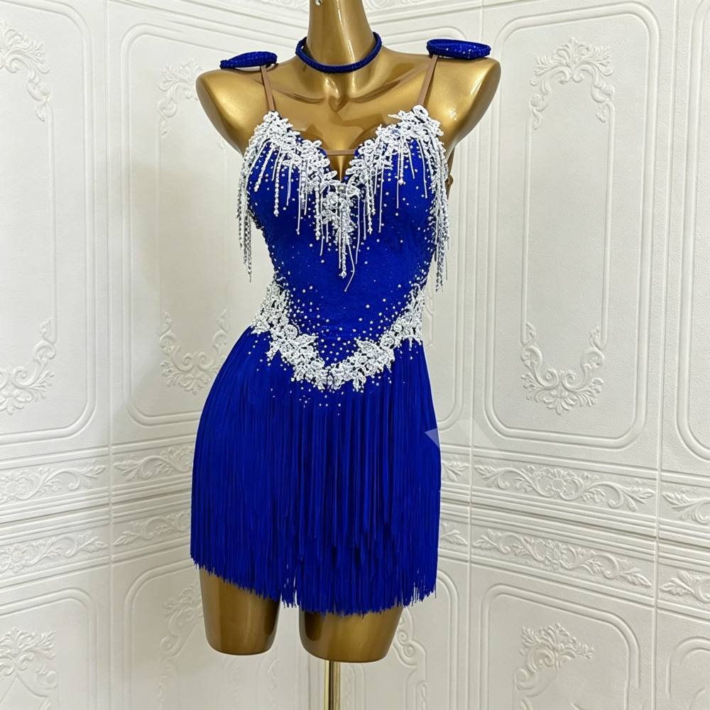 Custom Size Hot Pink Fringe Competition Latin Dance Dress for Women Girls with Open Back Crystal Tassels