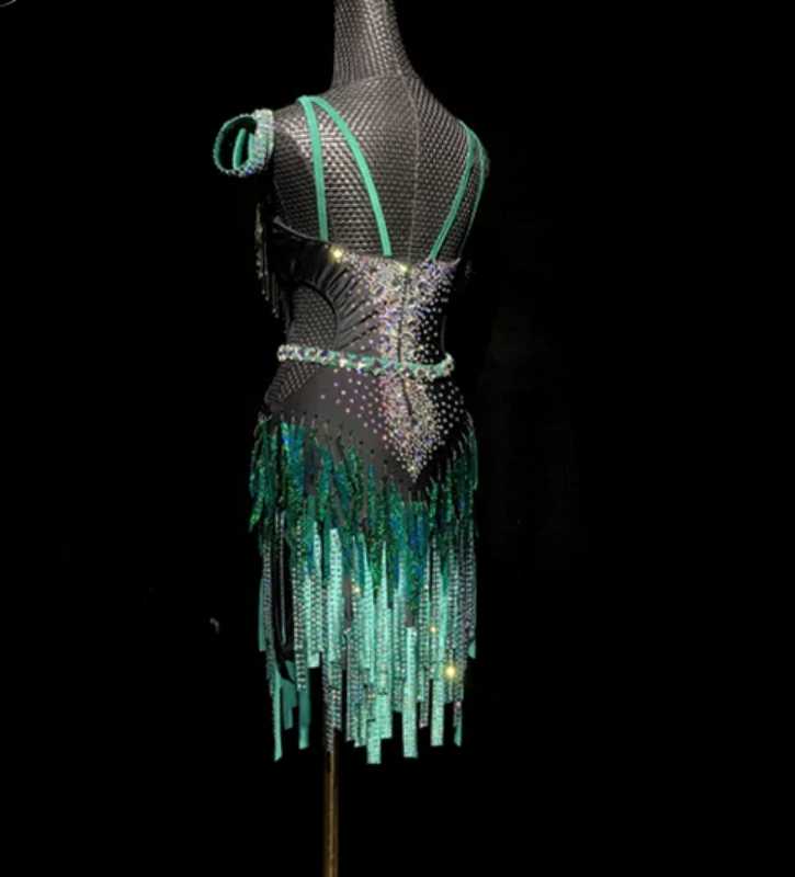 Custom Size Competition Emerald Green Bling Fringe Competition Latin Dance Dress for Women Salsa Blackpool Dance Clothing