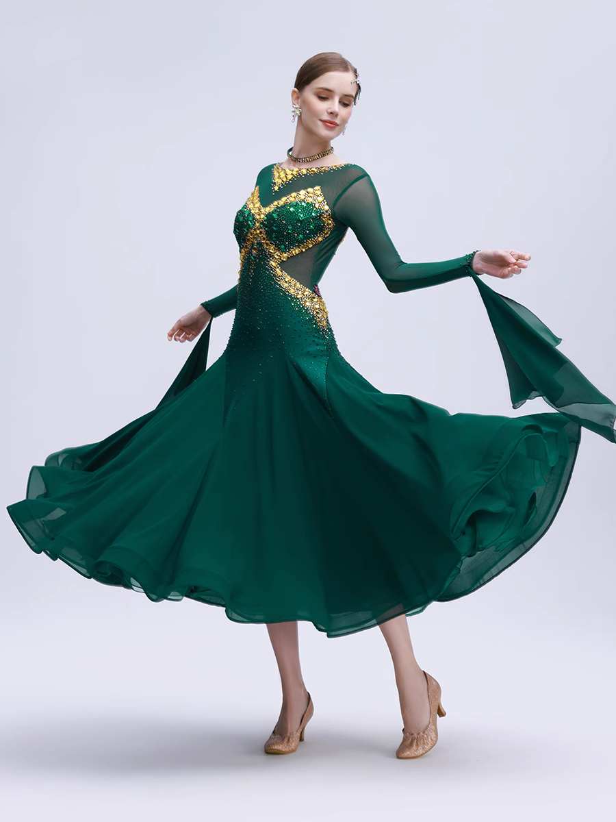 Custom Size Dark Green Competition Ballroom Dance Dresses for Women Girls Gold Rhinestones Float Sleeves Waltz Tango Dance Gown