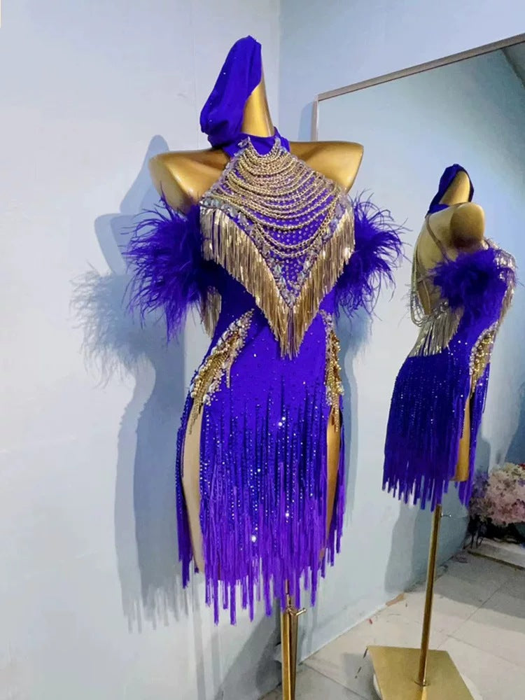 Custom Latin Dance Competition Dress: Black & Gold Fringe with Feather