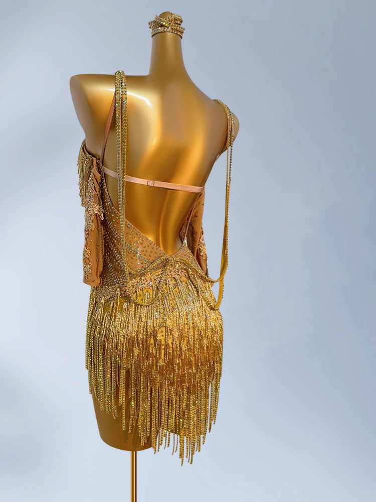 Custom Size Gold Competition Latin Dance Dresses Salsa Rumba Blackpol Performance Sparkling Costumes