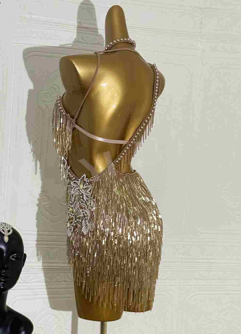 Custom Size Gold Fringe Women's Latin Dance Dress Salsa Chacha Bling Costumes