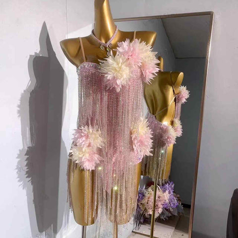 Custom Pink Blue Flowers Bling Competition Latin Dance Dresses for Women Girls