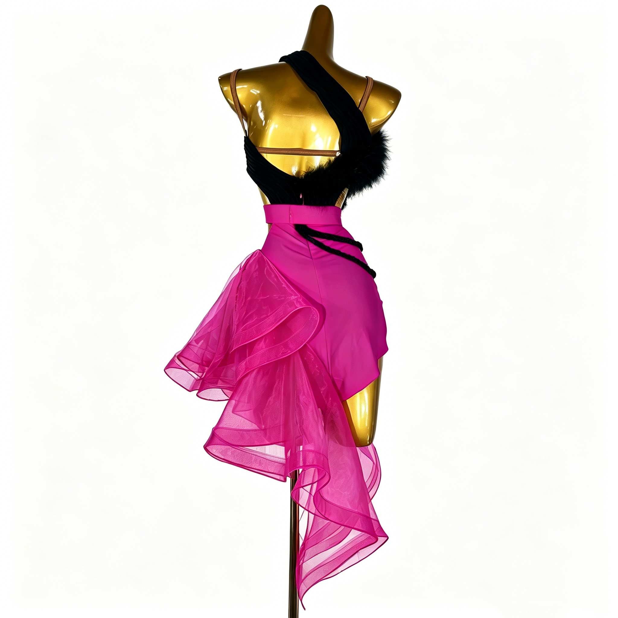Custom Size Asymmetric Pink & Black Latin Dance Dress for Competition