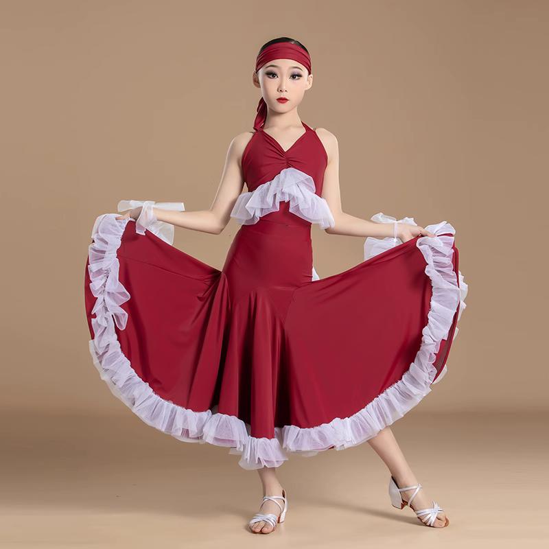 Wine Ballroom Dance Dresses for Girls Kids Waltz Tango Training Performance Costumes with Float Sleeves