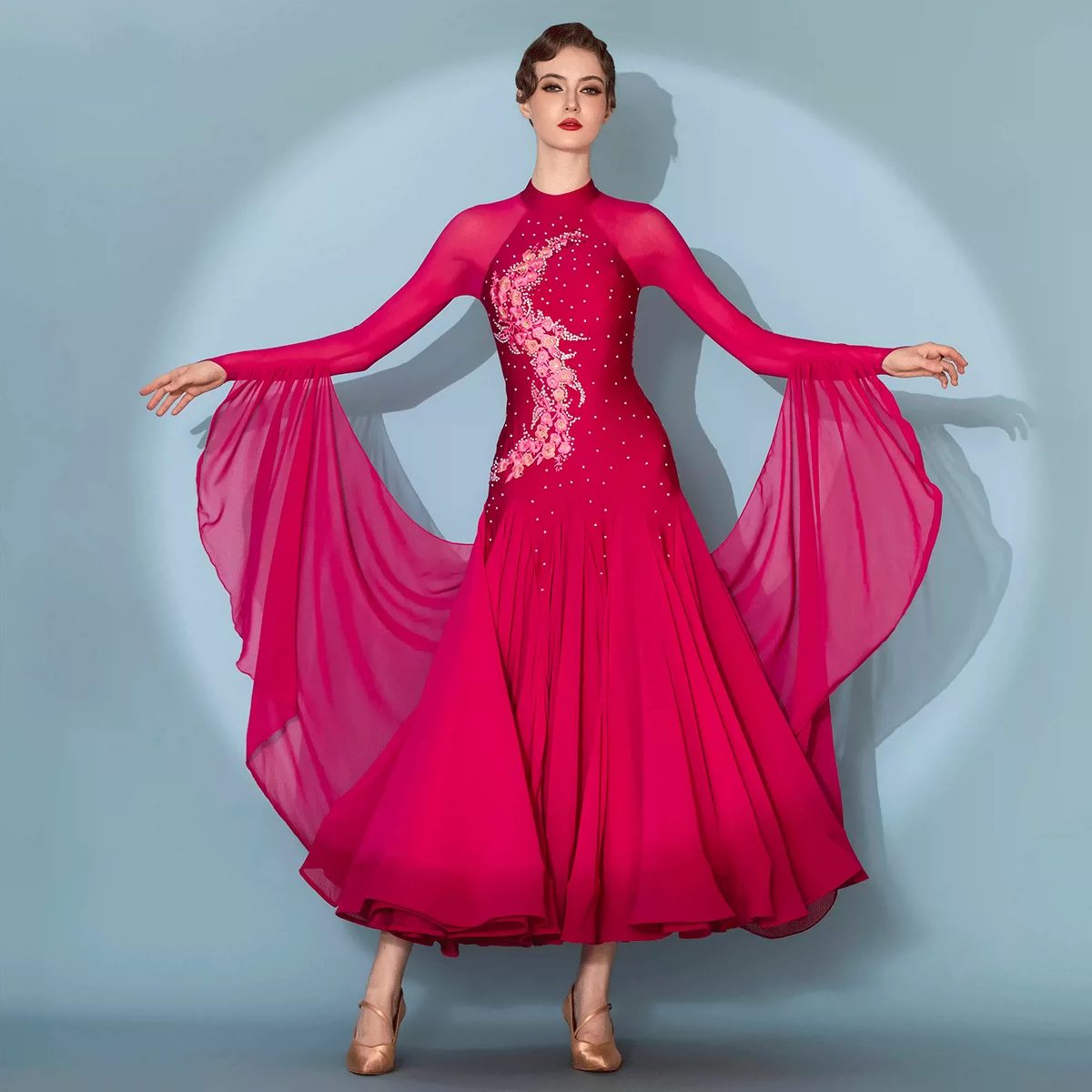 Women Girls Fuchsia Ballroom Dance Dress with Plum Blossom Embroidery & Rhinestones