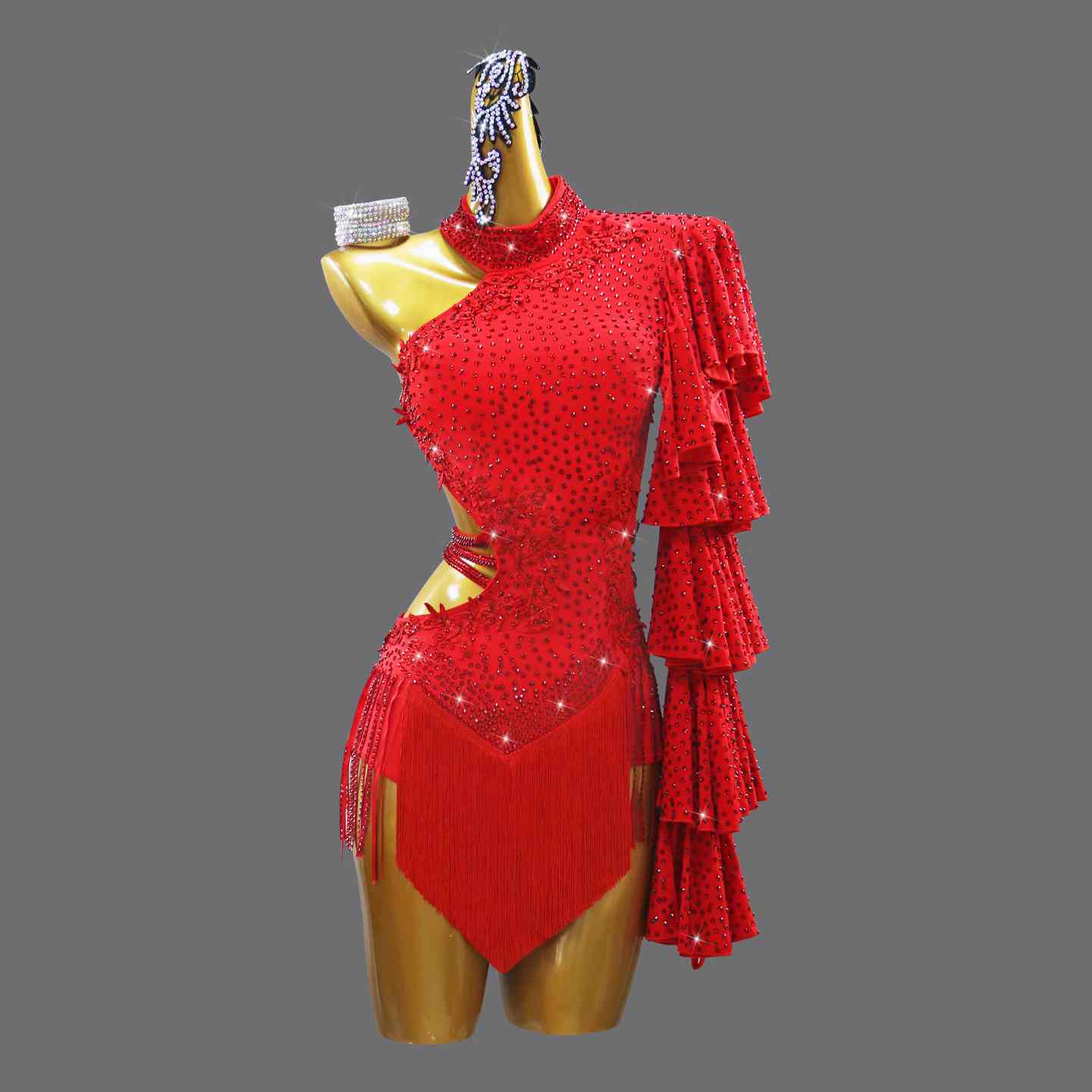 Custom Size Women's Latin Dance Dresses Slant Neck Ruffles Sleeves Stage Performance Clothes