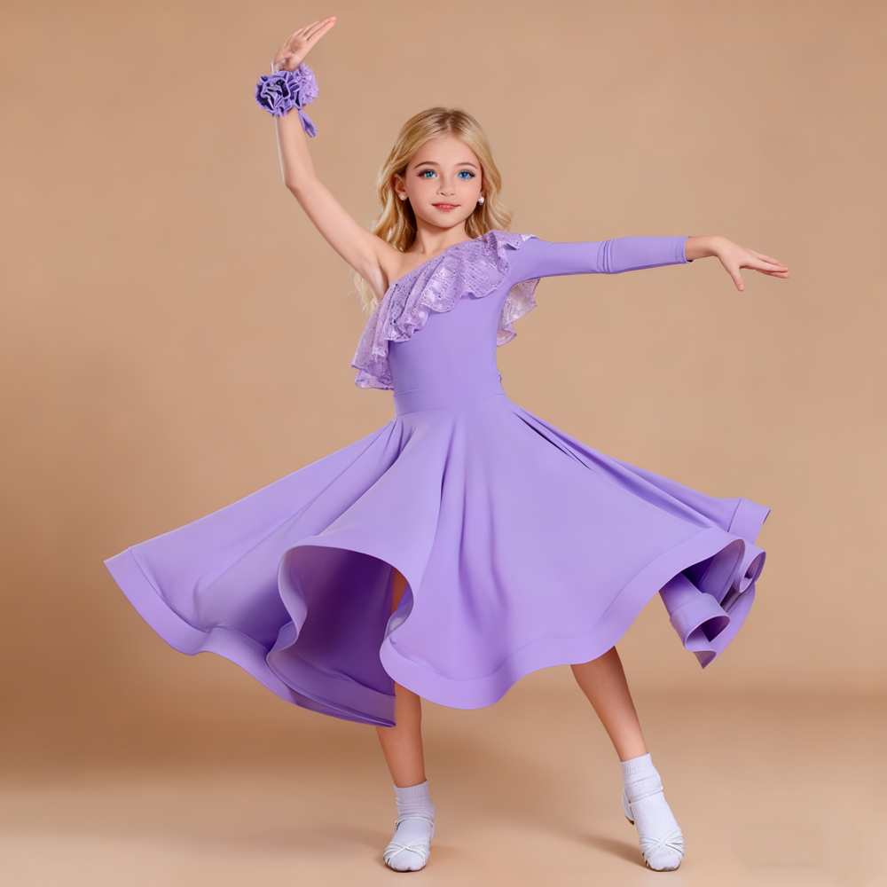 Girls Ballroom Dance Dresses Mint Purple Lace Slant Neck Waltz Tango National Standard Dancing Long Swings Skirts for Kids