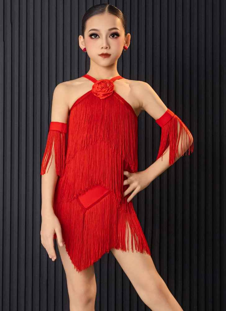 Girls Latin Dress Red Pink Fringe Flowers Haler Neck Salsa Ballroom Performance Clothes
