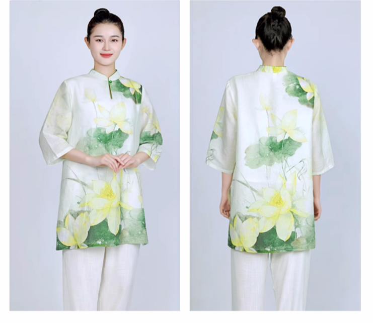 Tai Chi clothing for women green lotus linen breathable wushu martial art chinese kung fu morning exercises performance uniform for female - Moderndancedress.com