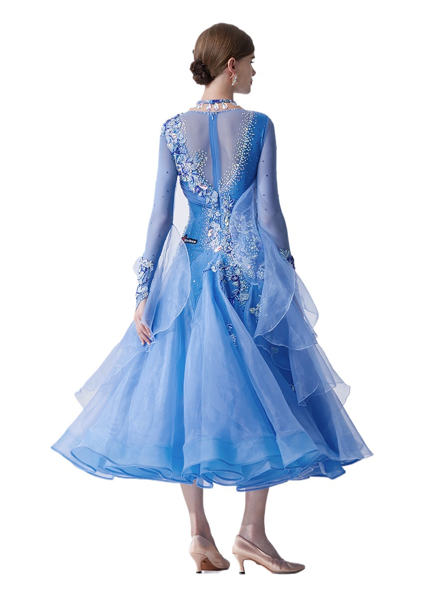 Custom Size Blue Competition Ballroom Dance Dresses for Women Rhythm Smooth Foxtrot Dance Long Swing Skirts - Moderndancedress.com
