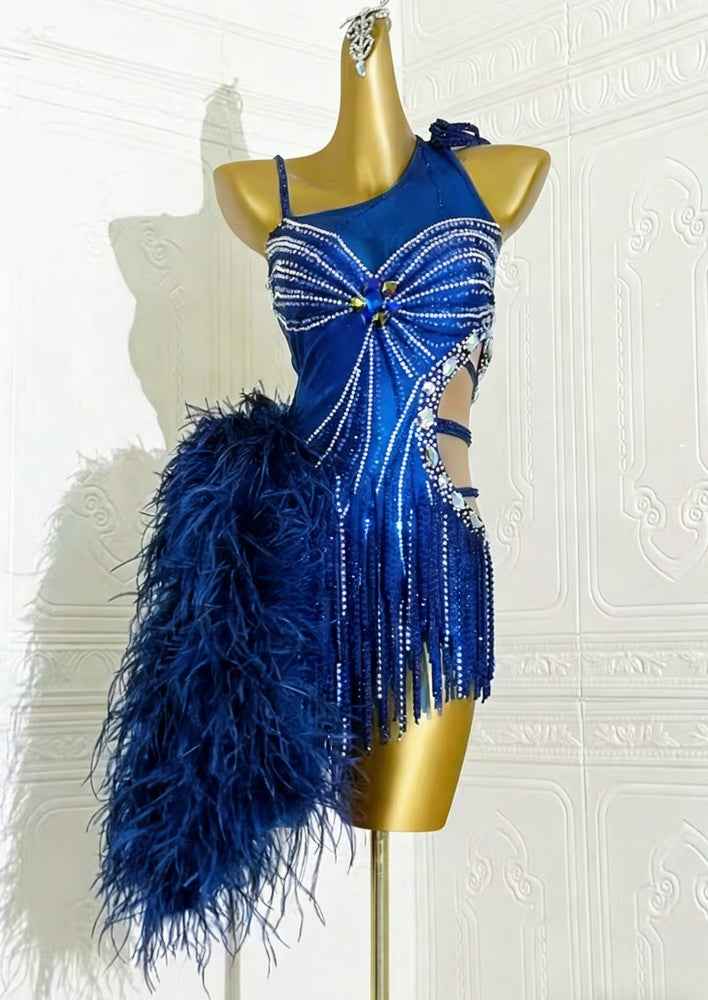 Custom Size Emerald Green Feather Latin Dance Dress, Rhinestone Samba Rumba Professional Rhythm Wear