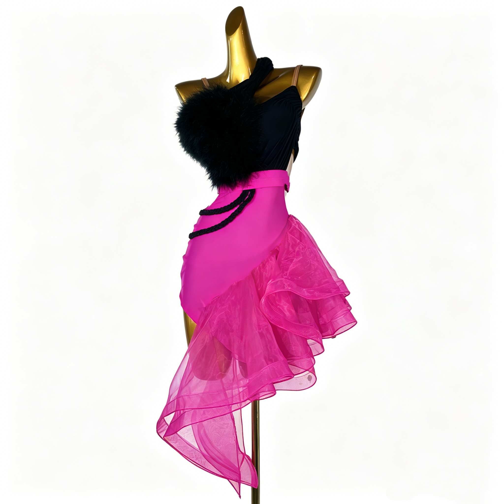 Custom Size Asymmetric Pink & Black Latin Dance Dress for Competition