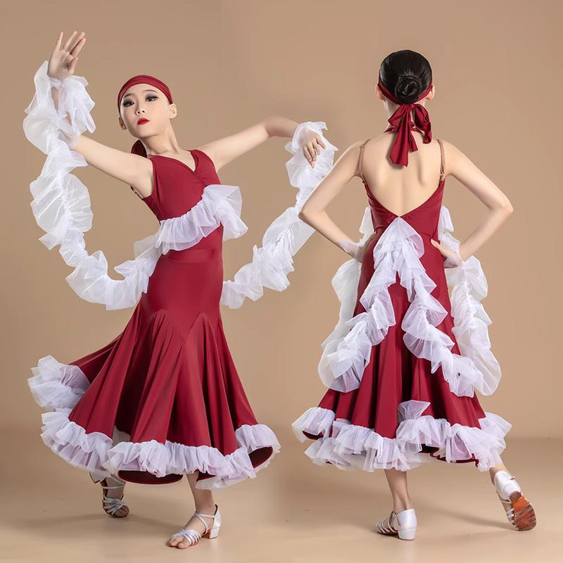 Wine Ballroom Dance Dresses for Girls Kids Waltz Tango Training Performance Costumes with Float Sleeves