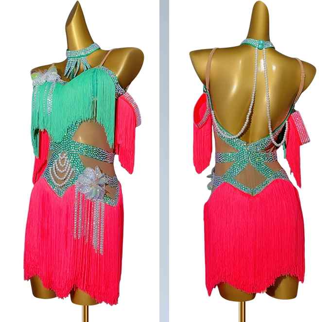 Custom Size Green with Pink Competition Latin Dance Dresses for Women Girls Salsa Rumba Cha Cha Solo Dance Fringed Skirt