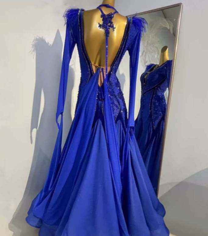 Custom Size Blue Dark Green Ballroom Dance Dresses for Women Girls Tango Foxtrot Waltz Performance Gown
