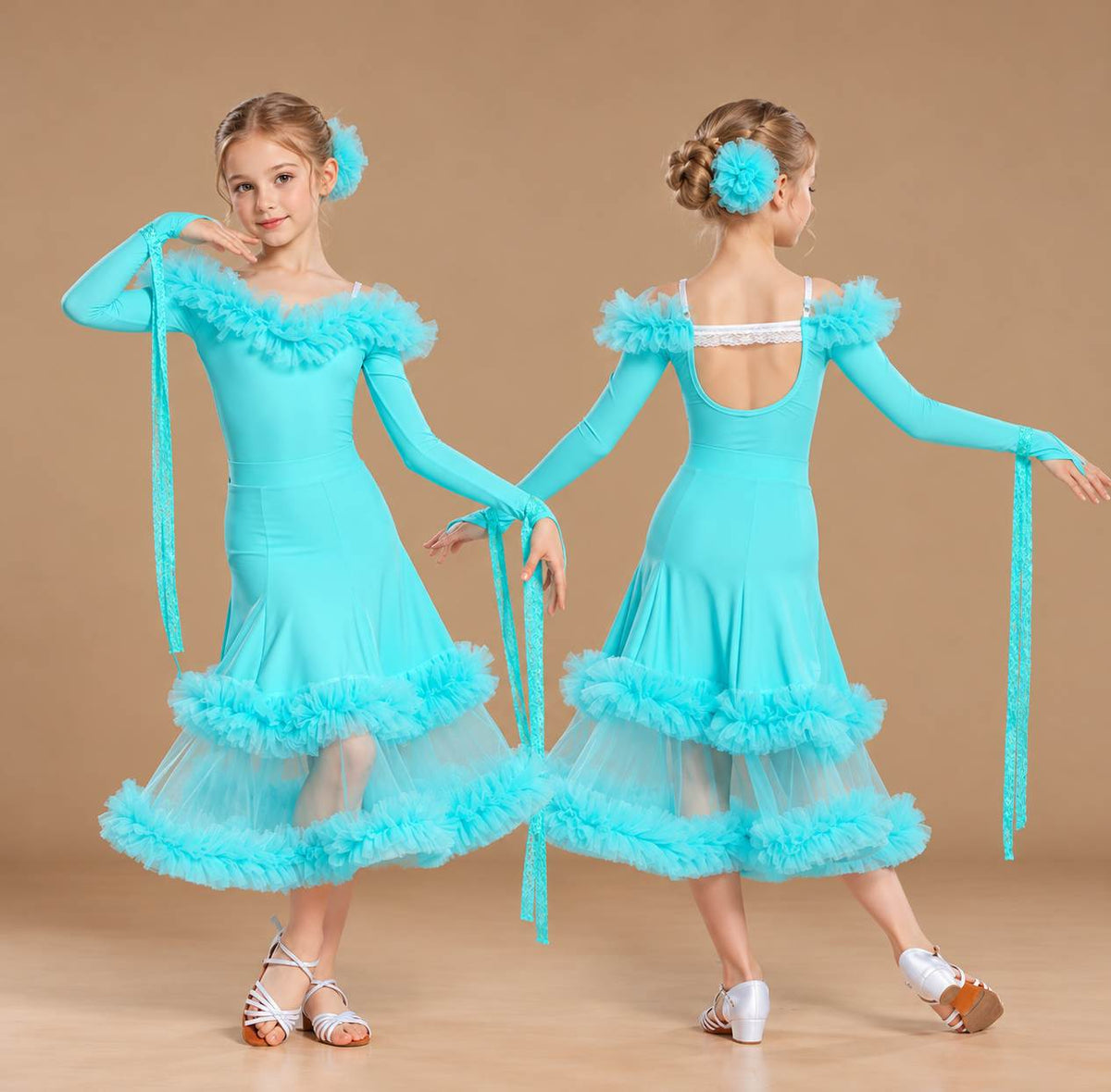 Girls Turquoise Ballroom Dance Dress - Ruffled Waltz Tango Costume