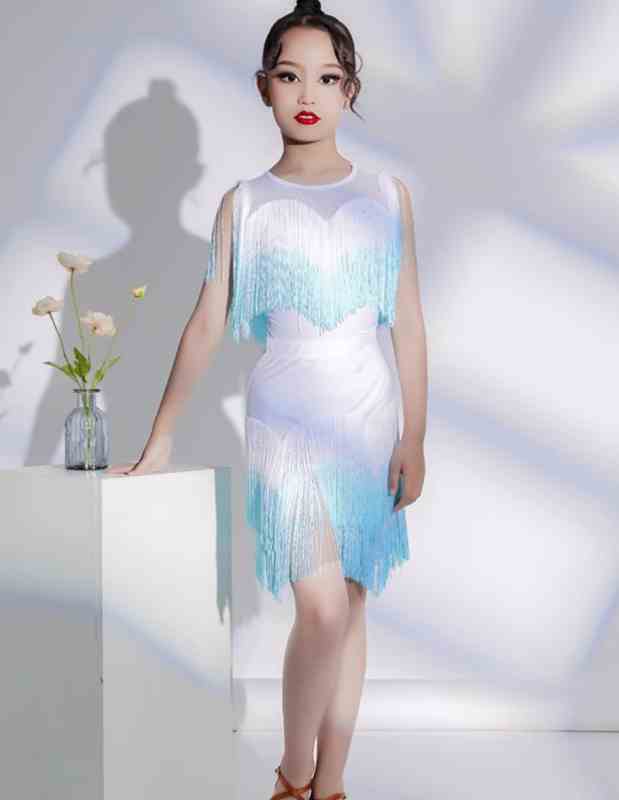 Blue Gradient Fringe Competition Latin Dance Dresses for Kids Girls Children Professional Ballroom Salsa Rumba Chacha Dance Outfits for Children - Moderndancedress.com