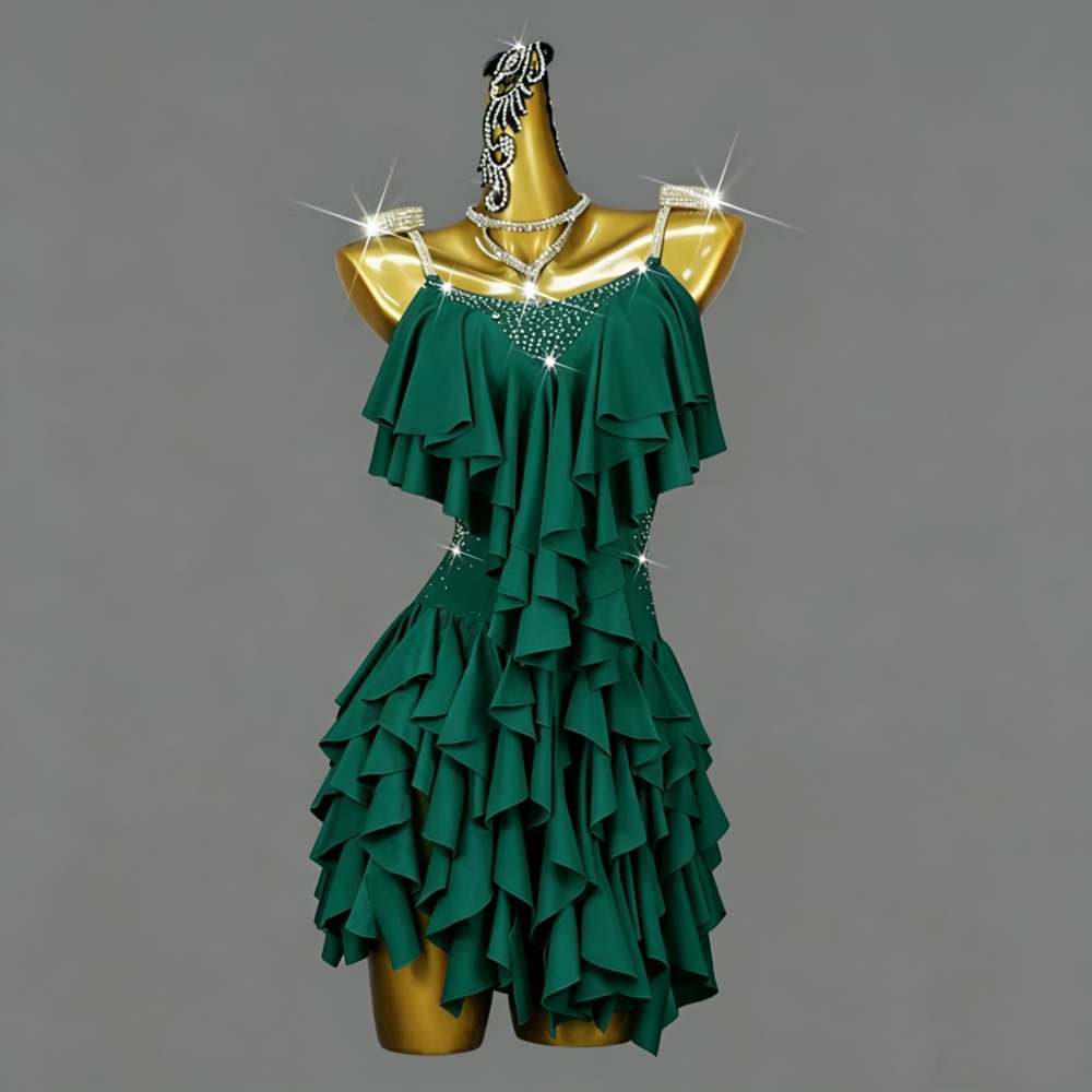 Women's Emerald Green Fringe Latin Dance Dress Ruffles Flowy Salsa Chacha Performance Costumes
