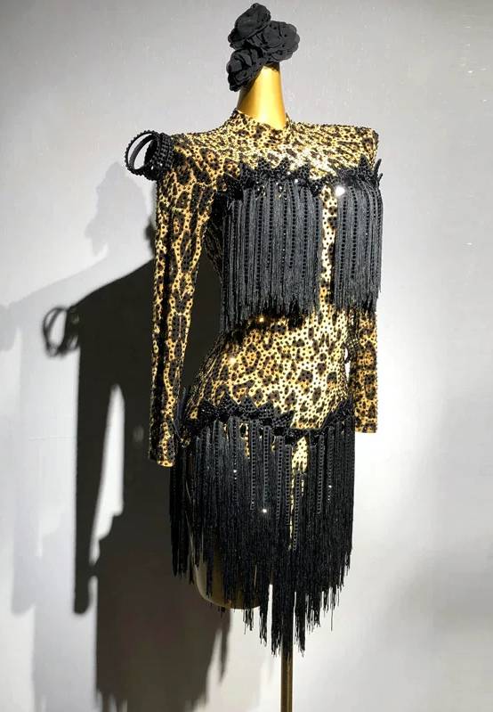 Custom Leopard Latin Dance Dress Black Fringe Salsa Competition Costume