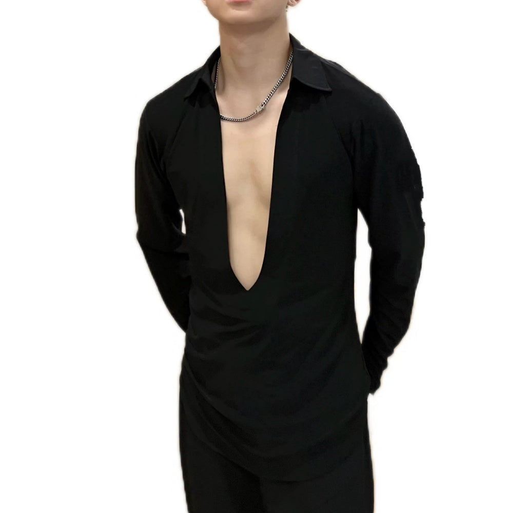 Men's Latin Ballroom Dance Shirt Youth Mesh Back Black Red Blue Waltz Tango Performance Tops