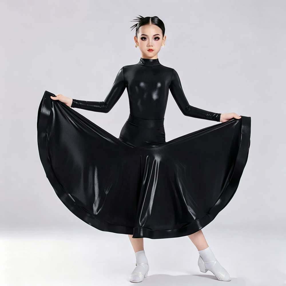 Girls Ballroom Dance Dresses Purple Black Shiny Waltz Tango Foxtrot Long-sleeved Performance Costume