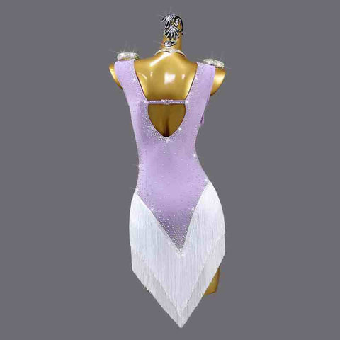 Lavender Latin Dance Competition Dresses for Women Girls Light Purple with White Fringe Salsa Rumba Samba Chacha Dance Costumes - Moderndancedress.com