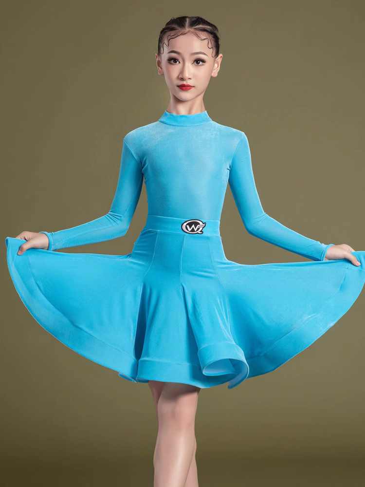Children's Turquoise Blue  Velvet Latin Dance Competition Dresses Girls Salsa Rumba Chacha Ballroom Professional Grading Long-sleeved Standard Clothing - Moderndancedress.com