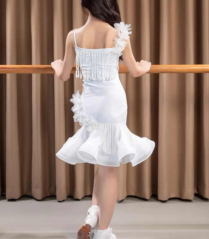 White Fringe Latin Dance Dresses for Girls Kids Sling Tassel Salsa Rumba Chacha Performance Skirts